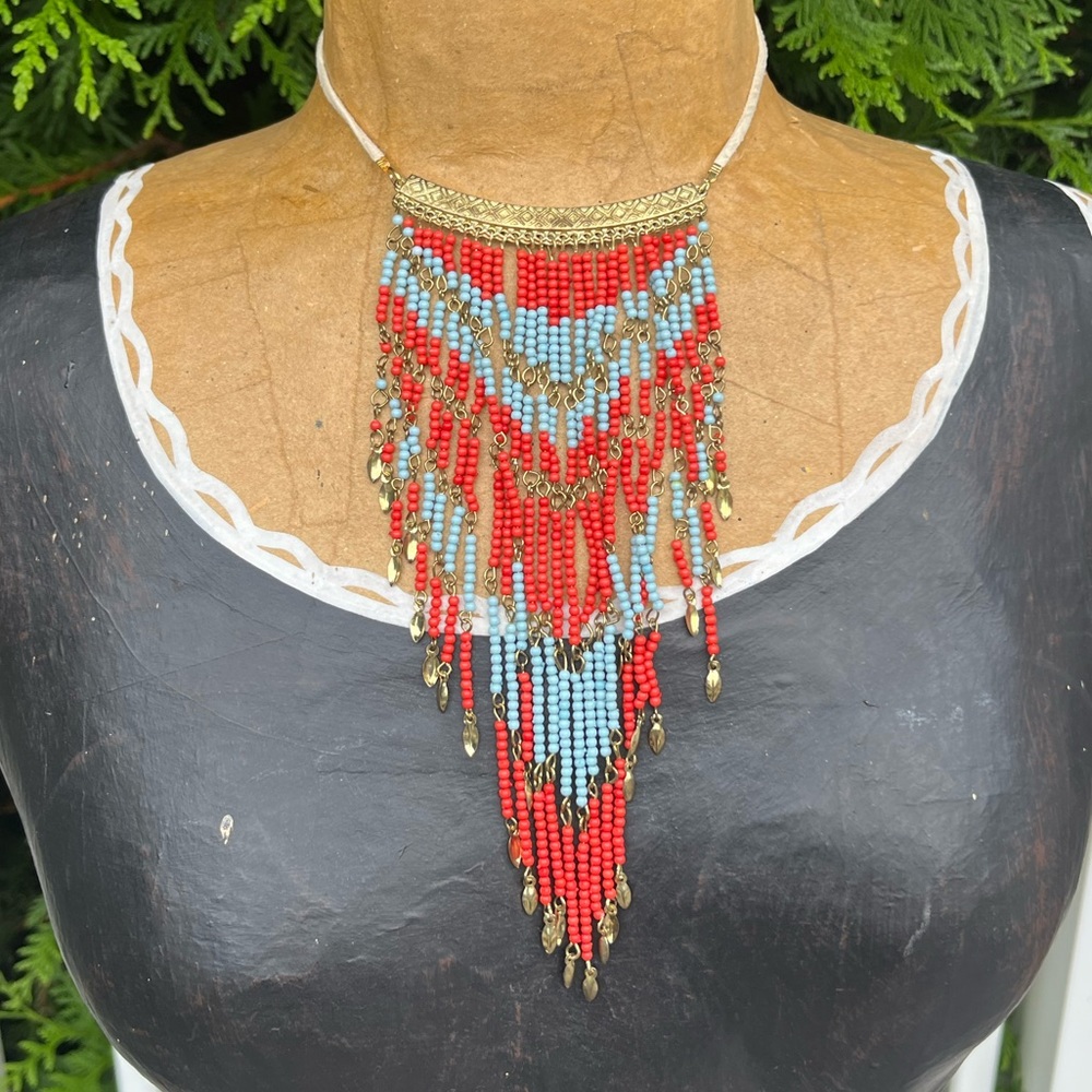 Vintage; Bright Blue and Blood Orange Bead Necklace; Tie Closed; NWOT; 25in